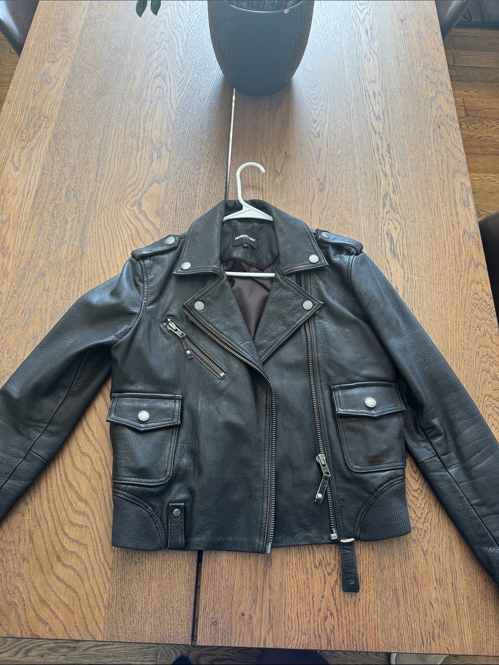 Members Only Black Leather Moto Jacket with Snap Details